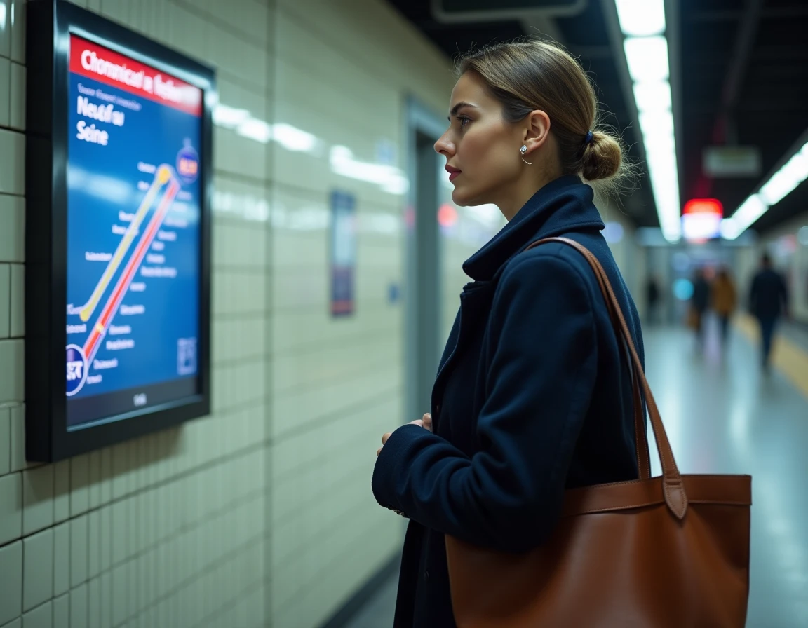 Femme consultant un plan de métro pour se rendre à l'ambassade d'Indonésie à Neuilly-sur-Seine en transports en commun