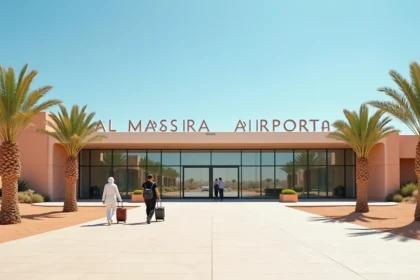 Entrée principale de l'aéroport Al Massira d'Agadir avec des voyageurs et des palmiers