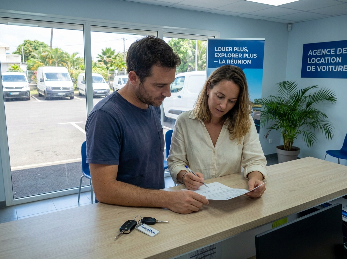 Couple en train de signer un contrat de location d'utilitaire à l'agence à La Réunion