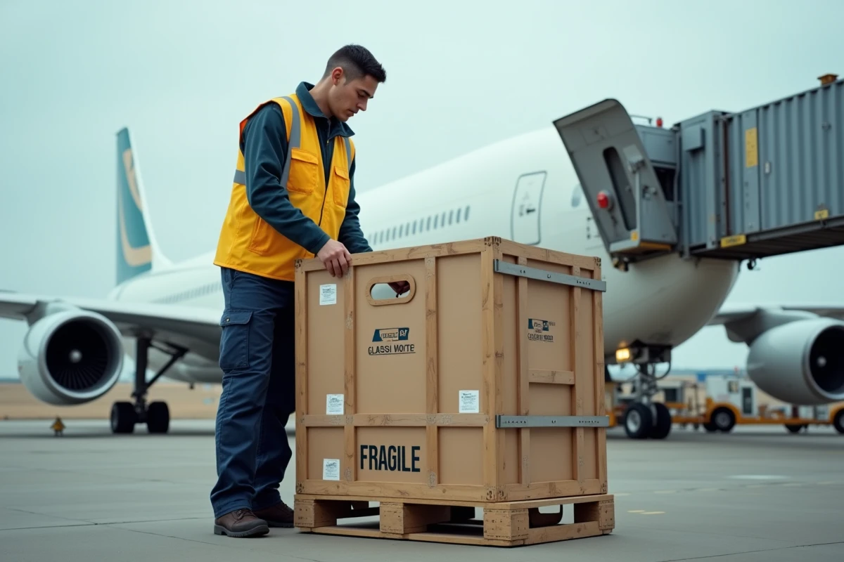 Jeune manutentionnaire sécurisant un caisson de verre fragile à l