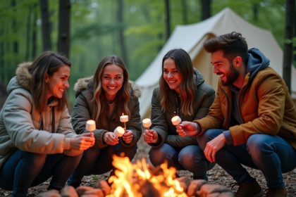 Groupe d'amis autour d'un feu de camp en forêt