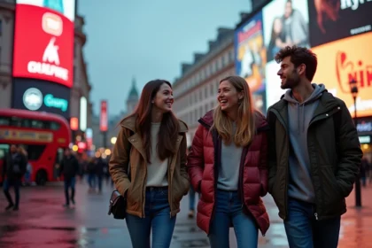 Groupe d'amis souriants à Piccadilly Circus Londres