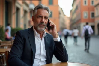 Homme d'affaires italien passant un appel téléphonique international depuis une terrasse de café à Rome avec son smartphone