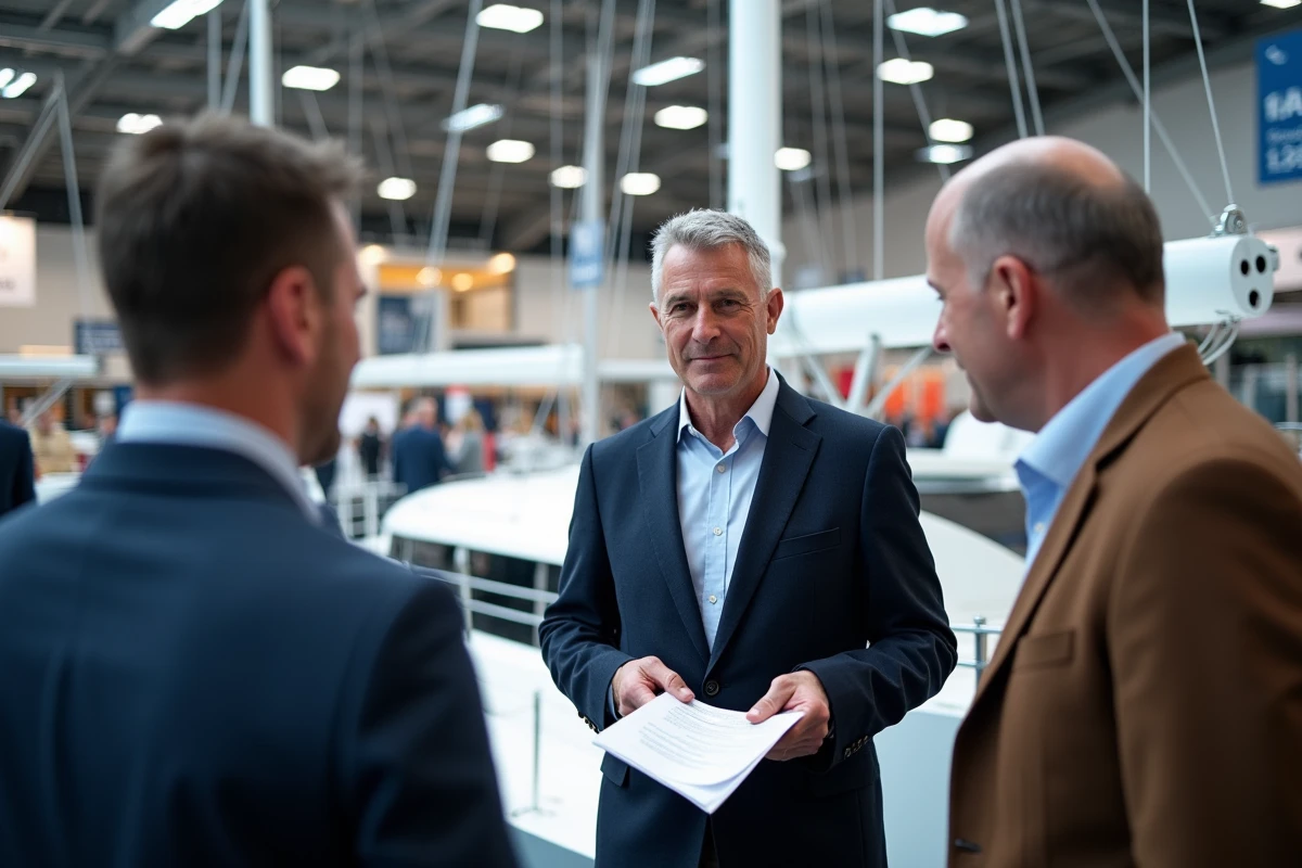 Architecte naval présentant un voilier de luxe à des visiteurs lors du Salon nautique de Paris