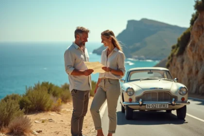 Couple s'arrêtant sur le bord de route côtier entre Propriano et Ajaccio en Corse pour consulter une carte