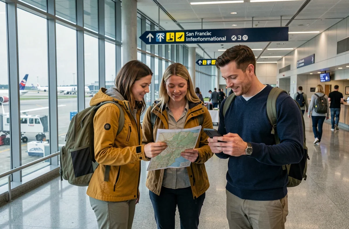 Groupe de voyageurs consultant une carte et un smartphone dans le hall des arrivées de l'aéroport de San Francisco après un vol depuis Los Angeles