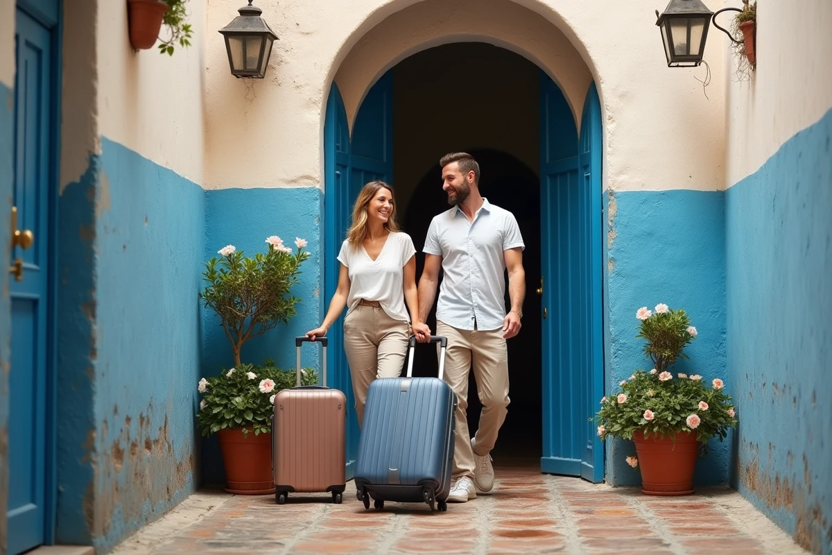 Couple de voyageurs arrivant en Tunisie devant un riad traditionnel dans la médina après obtention du visa