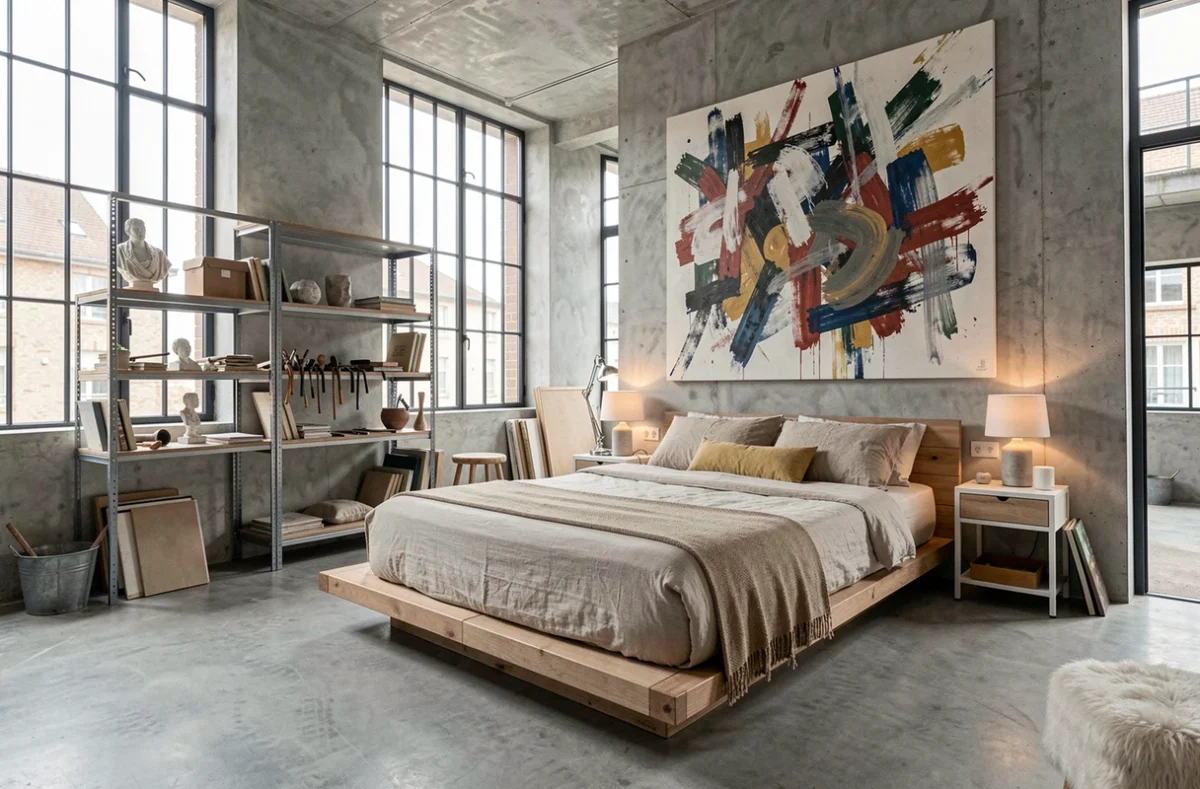 Chambre d'hôtes artistique des Ateliers d'Art à Roanne avec grande peinture abstraite murale, étagères industrielles et sol en béton ciré