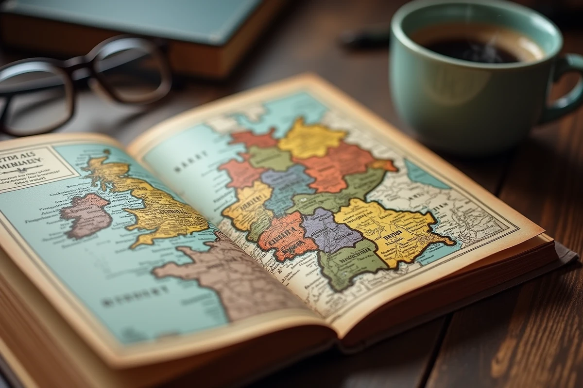 Gros plan sur un atlas vintage ouvert sur une carte double page de l'Allemagne avec les seize Länder colorés et leurs capitales, posé sur un bureau en chêne