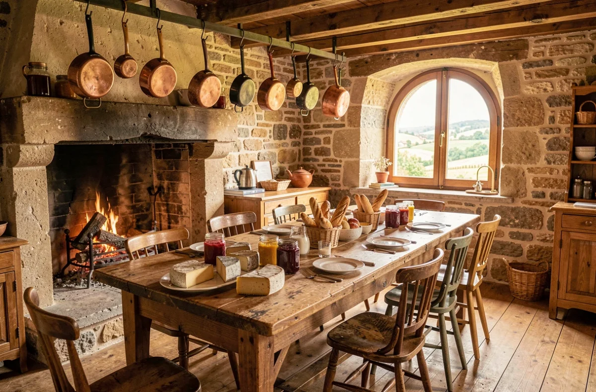Table du petit-déjeuner à l'Auberge La Croix de Saint-Sabin à Colombier avec fromages locaux, baguettes et confitures maison dans une salle en pierre