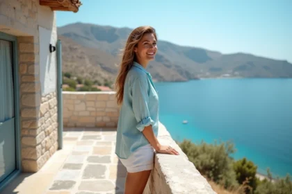 Jeune femme sur le balcon avec vue sur la mer turquoise