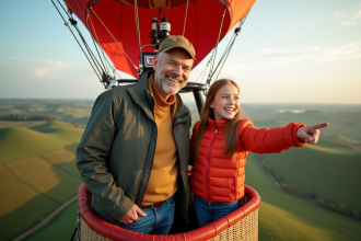 Homme d'âge moyen et jeune fille souriants dans un ballon