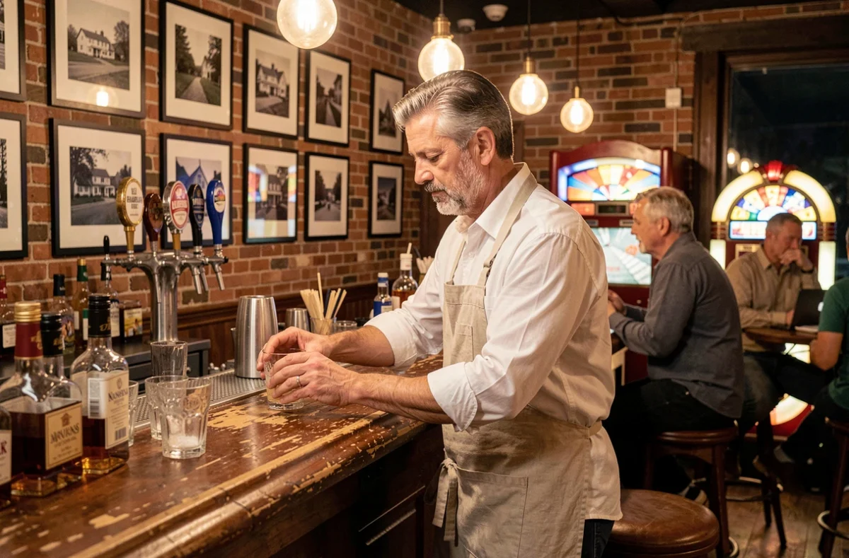 Barman qui astique un verre dans un bar de quartier de Staten Island tard le soir