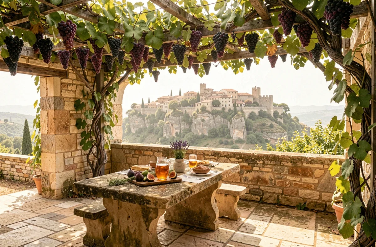 Terrasse petit-déjeuner de La Bastide de Marie à Ménerbes avec pergola en vigne, table en pierre et vue sur le village perché du Luberon