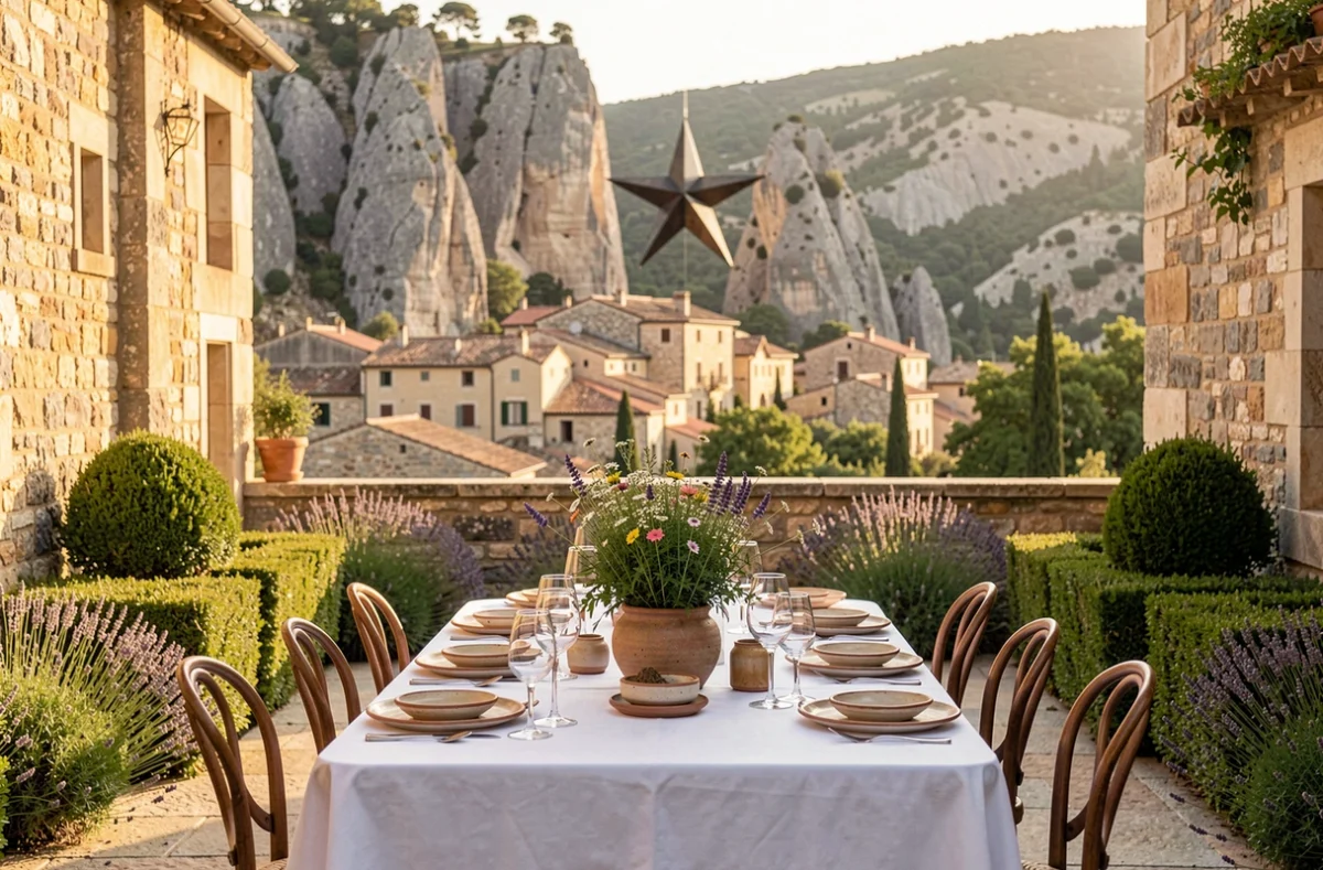 Terrasse gastronomique de la Bastide de Moustiers avec table dressée en céramique provençale et vue sur le village de Moustiers-Sainte-Marie