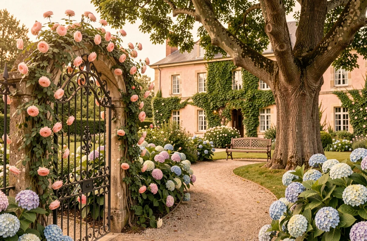 Grille en fer forgé et allée de jardin fleurie de la Bastide Rose au Thor avec sa façade rose couverte de vigne vierge