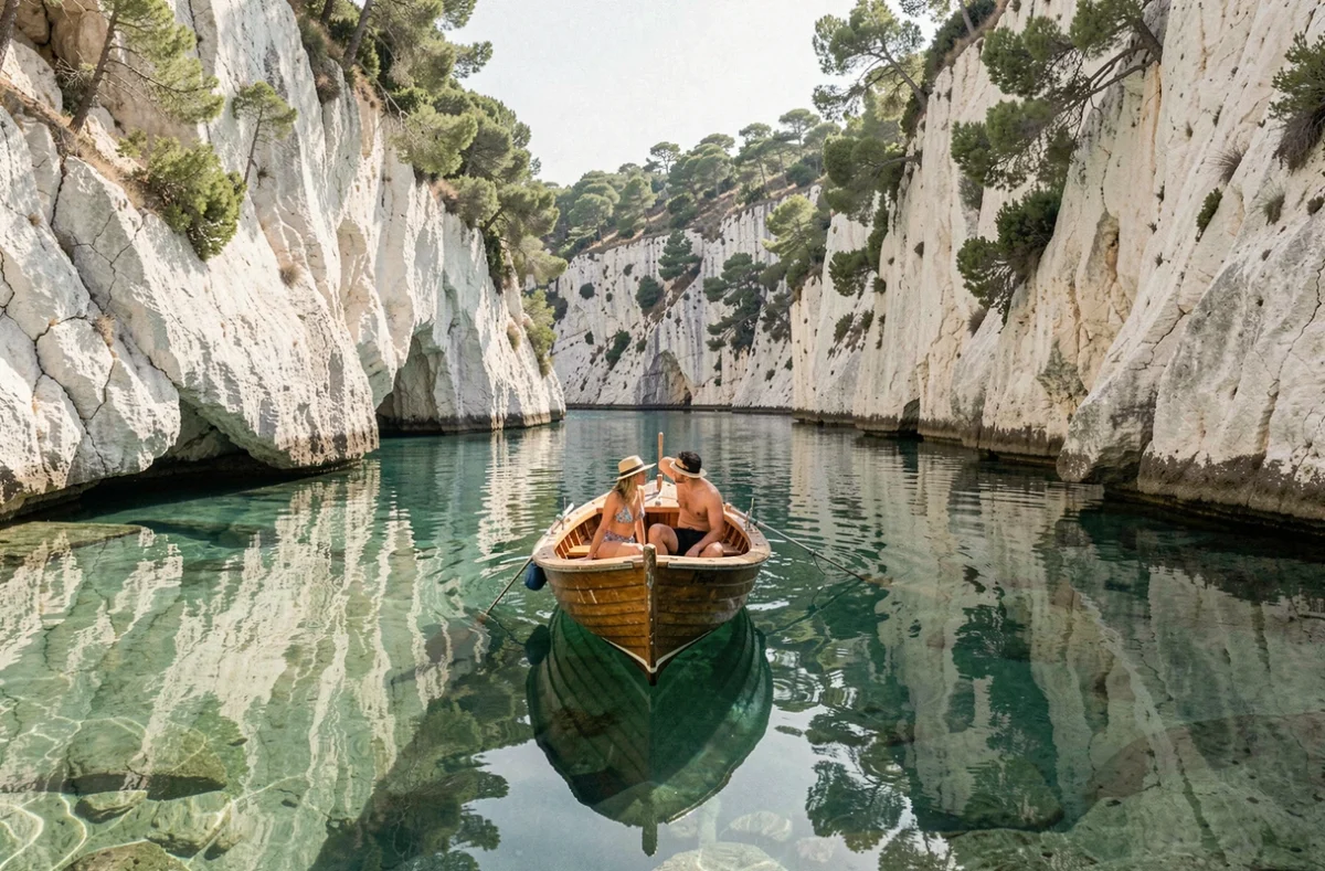 Barque naviguant dans une calanque près de Cassis avec falaises calcaires blanches et eau turquoise