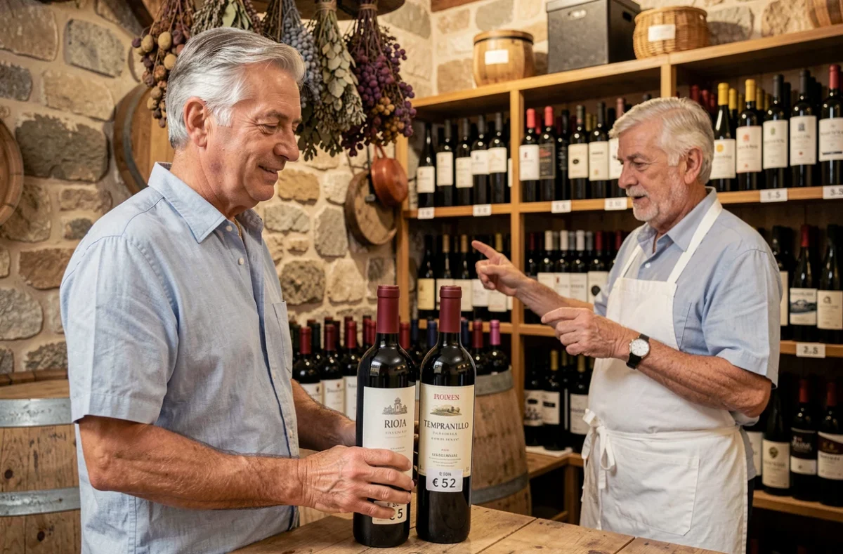 Homme comparant deux bouteilles de vin rouge espagnol bon marché dans une bodega traditionnelle avec un vendeur en tablier blanc