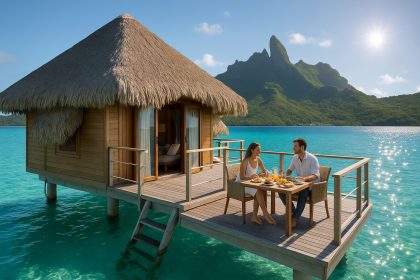 Photo d'un bungalow de luxe sur l'eau à Bora Bora avec vue sur la lagune turquoise