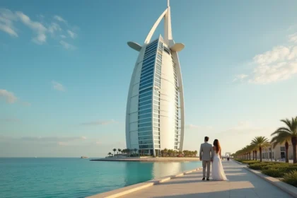 Vue extérieure du Burj Al Arab à Dubaï avec un couple élégant devant l'entrée de l'hôtel emblématique