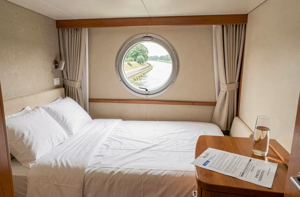 Cabine intérieure d'un bateau de croisière fluviale sur la Garonne avec hublot et décoration soignée