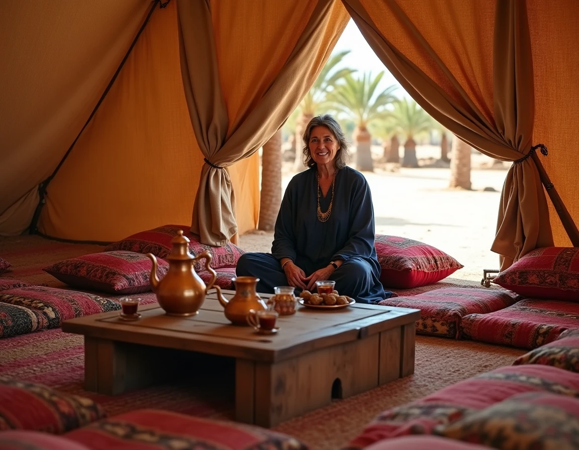 Femme berbère servant le thé à la menthe dans un camp traditionnel de tentes à Ksar Ghilane au cœur du désert