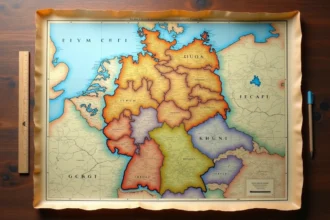 Carte physique détaillée de l'Allemagne posée sur une table en bois, montrant les frontières des Länder et les capitales régionales