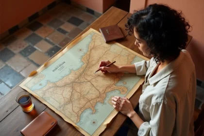 Femme consultant une carte du nord du Maroc dans un riad traditionnel avec thé à la menthe et carnet de voyage