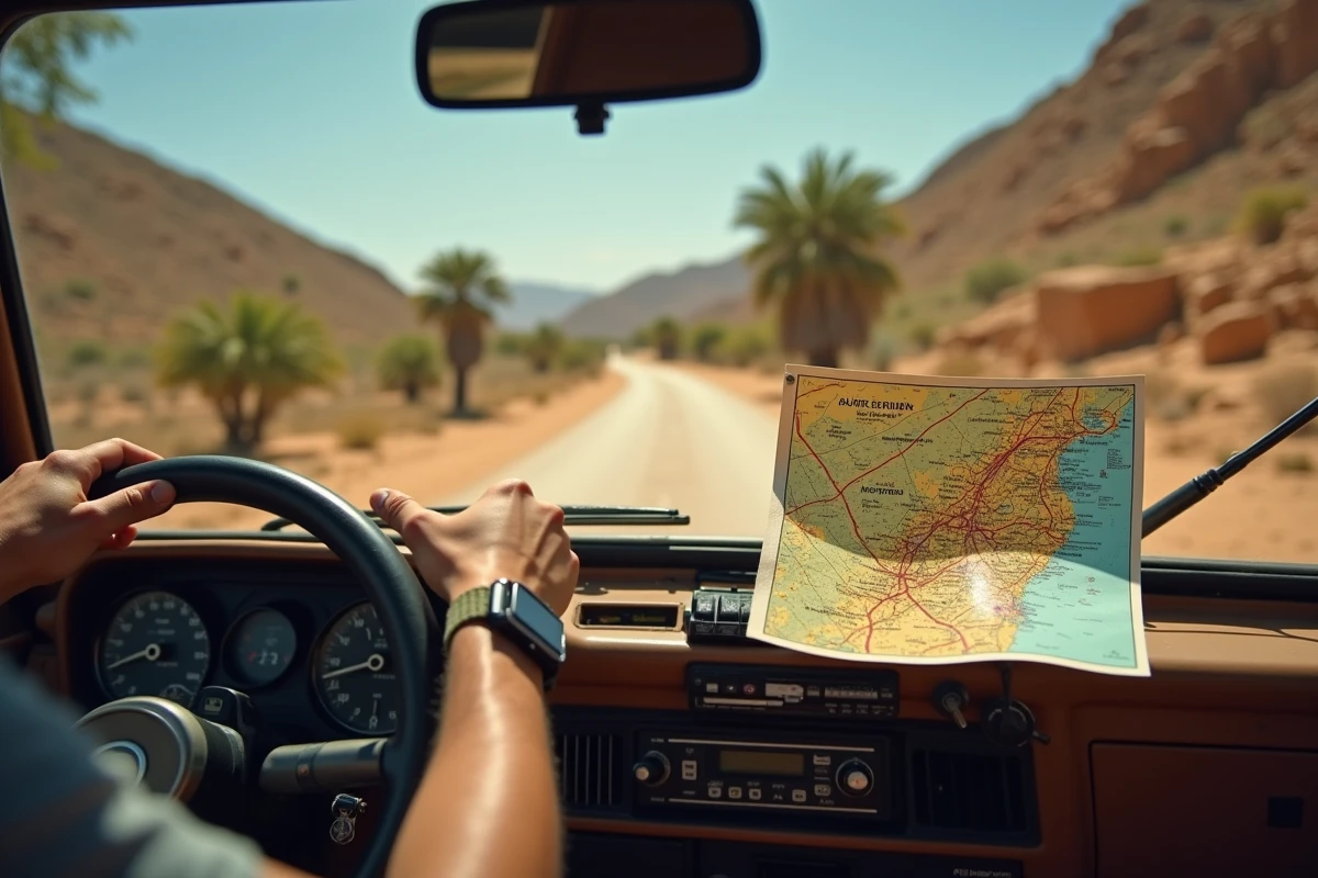 Carte routière du nord du Maroc sur le tableau de bord d'un 4x4 sur une piste en terre à travers la campagne marocaine
