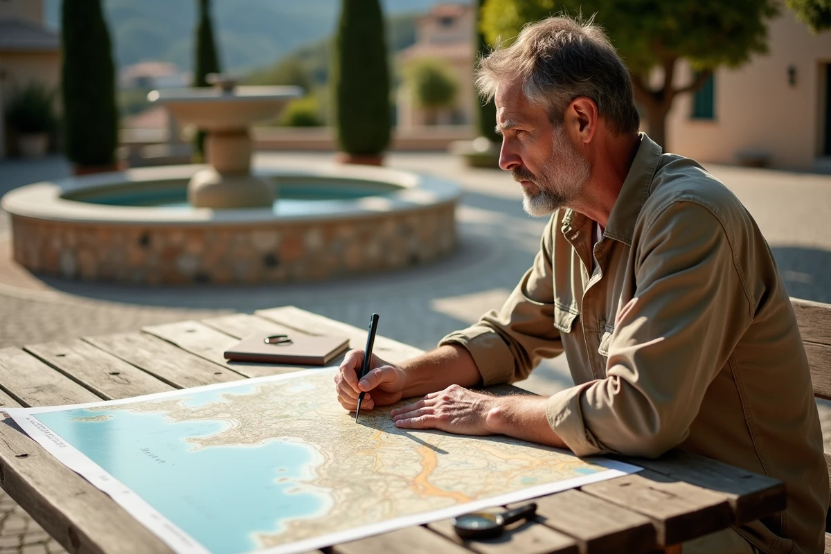 Homme consultant une carte topographique de la Corse du Nord sur une table en bois dans un village avec fontaine en pierre
