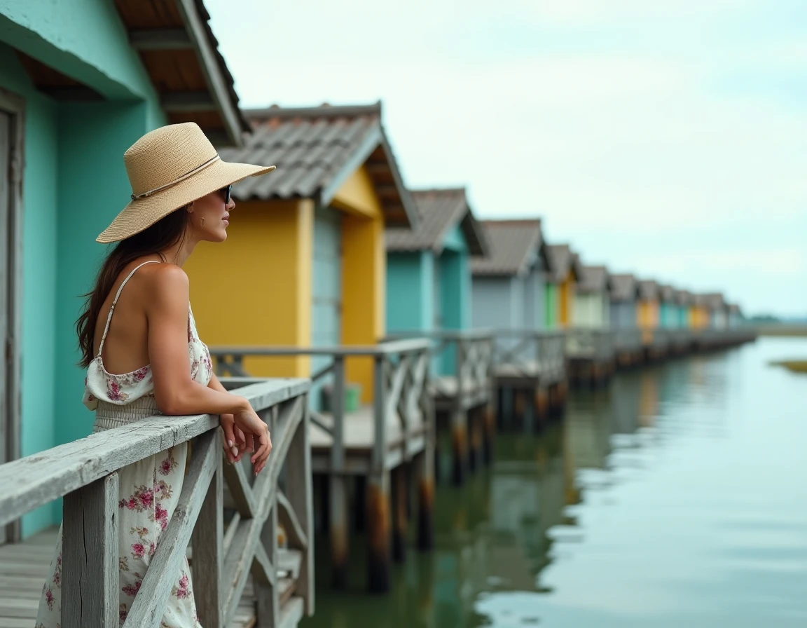 Chalets palafittiques typiques de Gruissan sur l'étang avec leurs facades en bois coloré et leurs reflets dans l'eau de la lagune