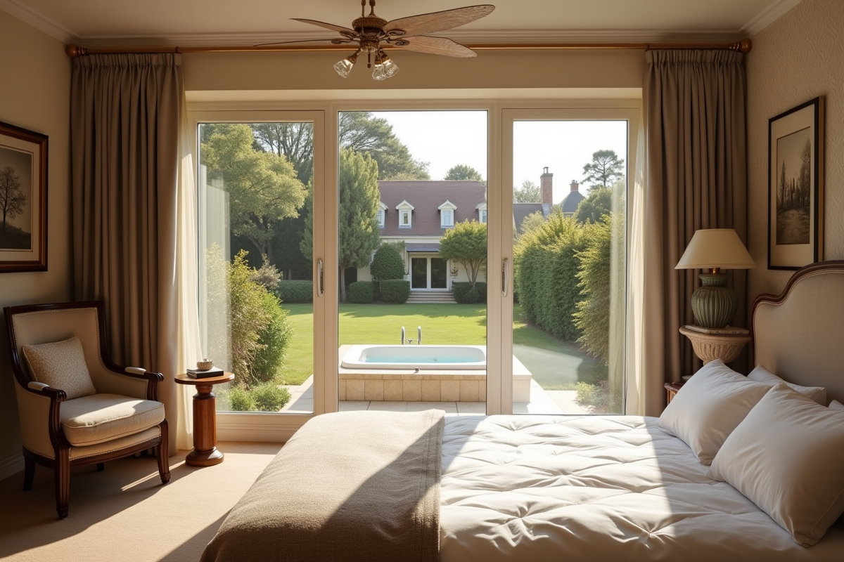 Chambre élégante avec vue sur le jardin et jacuzzi extérieur