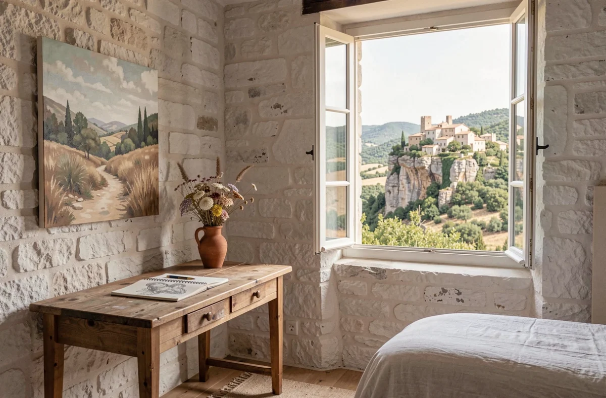 Chambre d'artiste de la maison d'hôtes Chambre de Séjour avec Vue à Saignon avec fenêtre ouverte sur le Luberon et village perché