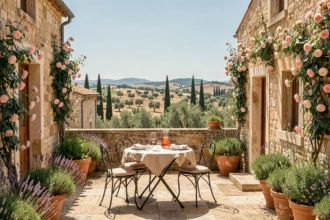 Cour intérieure d'une bastide provençale avec table dressée, pots de lavande et vue sur les collines de Provence
