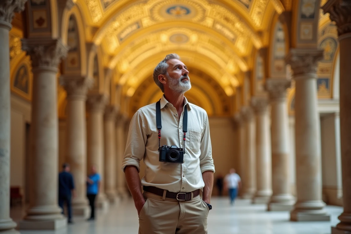 Intérieur de la Chapelle Palatine au Palais des Normands à Palerme avec mosaïques dorées byzantines et visiteur admirant le plafond