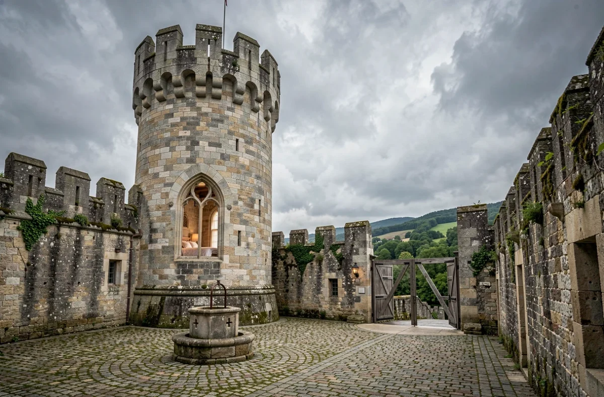 Le Château de Chalmazel transformé en chambre d'hôtes, avec ses tours médiévales en pierre et ses créneaux sous un ciel nuageux dans la Loire