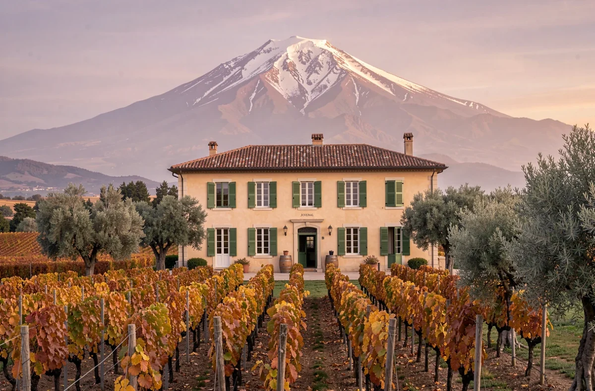 Château Juvenal au pied du Mont Ventoux avec vignes aux couleurs automnales et le sommet enneigé du Ventoux en arrière-plan