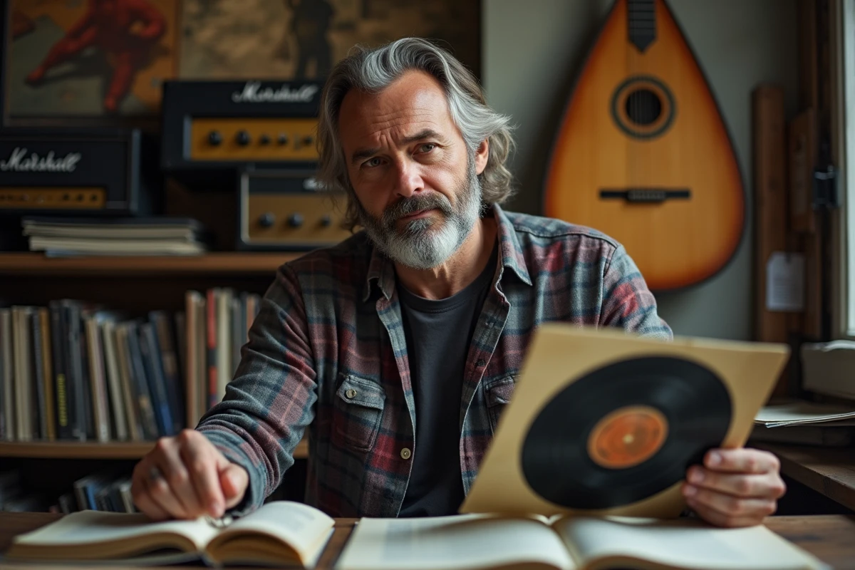 Collectionneur de vinyles entouré de disques et d'objets mêlant culture baroque et rock dans une pièce intimiste
