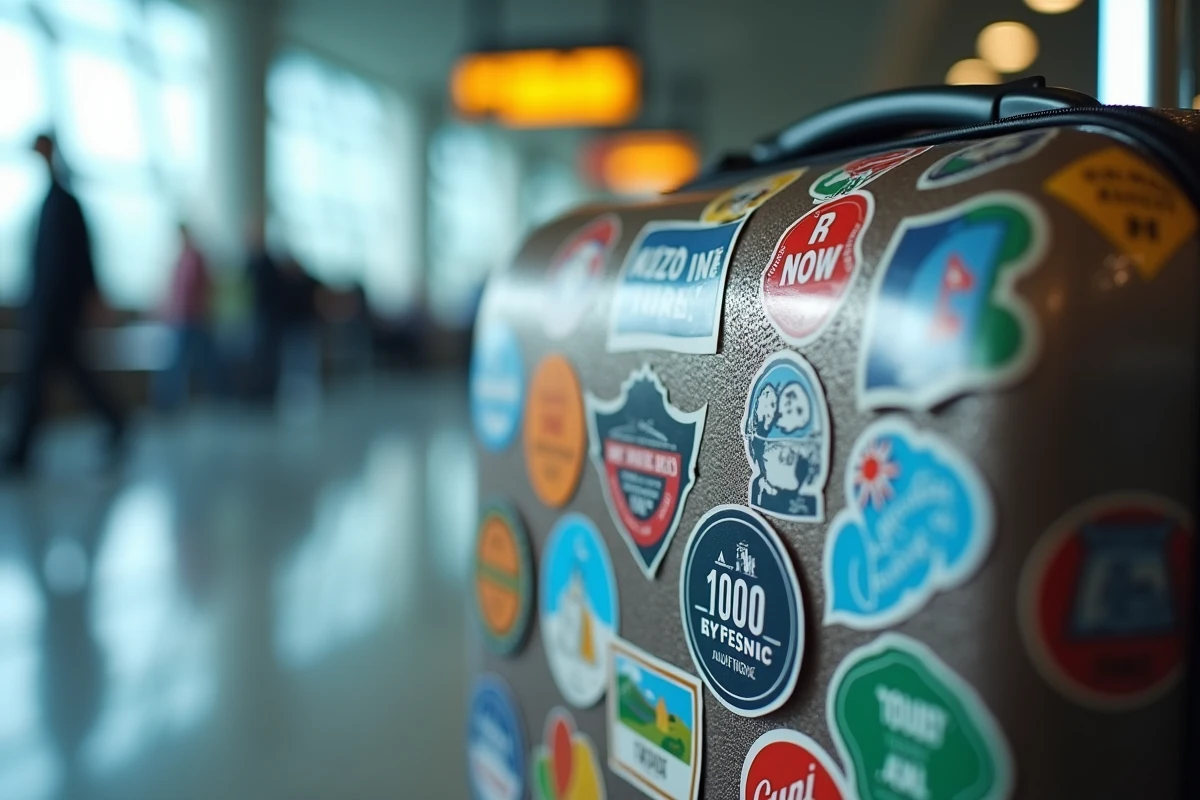 Gros plan sur des autocollants valise premium et bas de gamme côte à côte avec effets de peeling