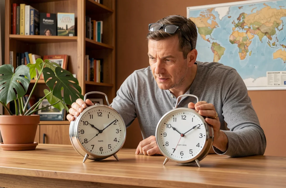 Homme comparant deux horloges représentant le fuseau horaire de Paris et de La Réunion sur un bureau en bois