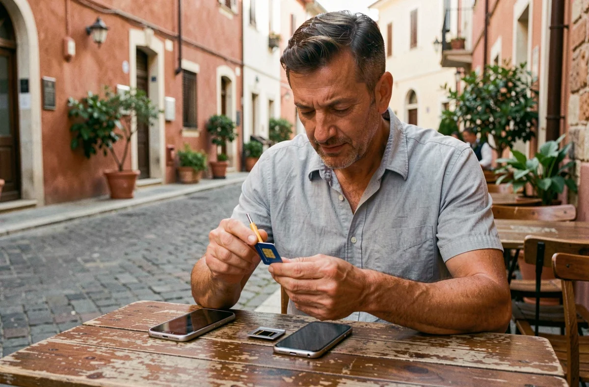 Homme comparant une carte SIM locale et une eSIM lors d'un voyage en Europe