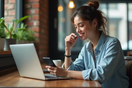 Femme comparant les prix de vols sur Google Flights et une compagnie low cost depuis un café urbain