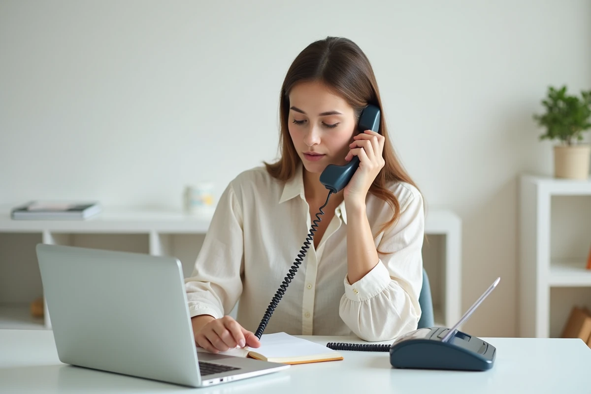 Jeune femme composant un numéro de téléphone fixe en Italie depuis son bureau à domicile avec le code pays 39
