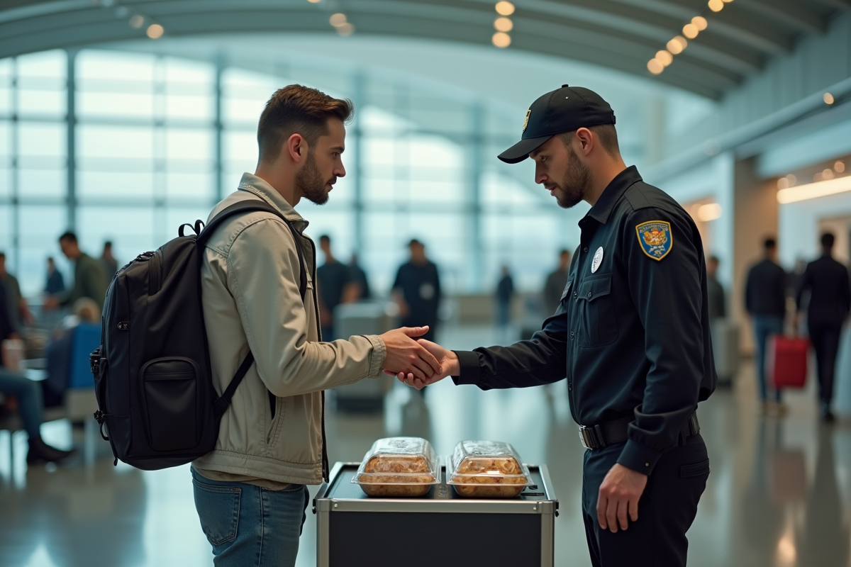 Homme présentant un repas à la sécurité de l