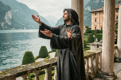 Homme en robe de Jedi sur la terrasse en pierre de la Villa del Balbianello au bord du lac de Côme, recréant une scène de Star Wars