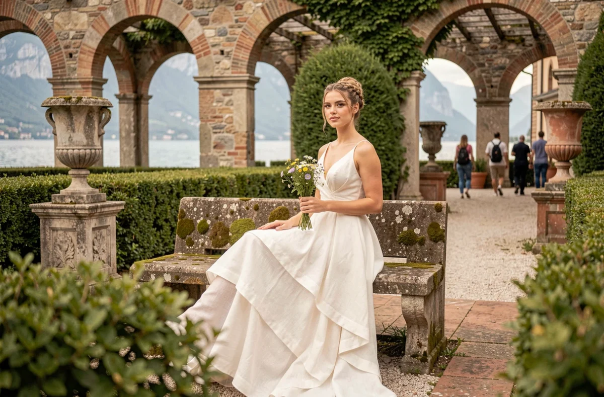 Jeune femme en robe blanche de Padmé assise dans les jardins de la Villa del Balbianello, recréant une photo de mariage Star Wars