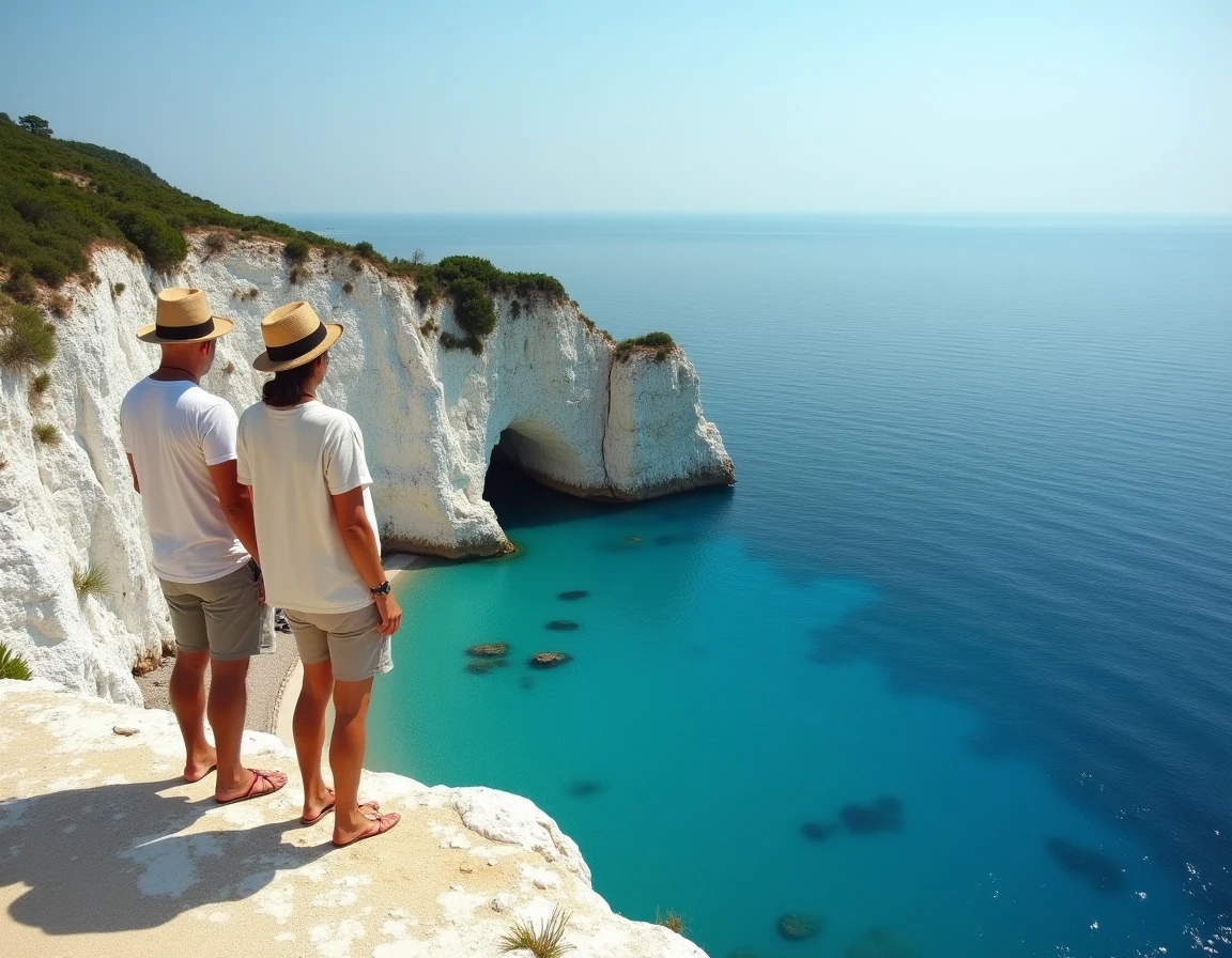 Falaises calcaires blanches et eaux turquoise de la côte du Gargano dans les Pouilles avec couple en voyage