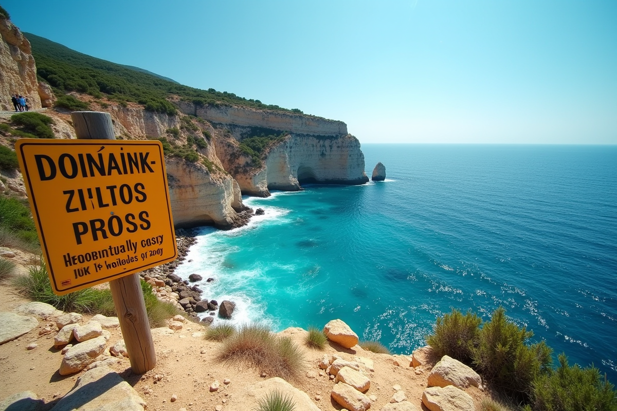 Côte rocheuse à Chypre avec mer turquoise et panneau d'avertissement