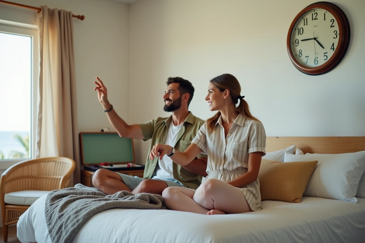 Couple ajustant leurs montres dans une chambre d'hôtel en Martinique après un vol depuis la France