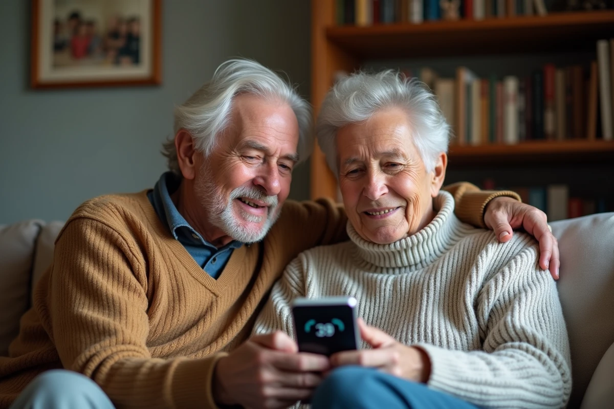 Couple de seniors consultant un smartphone pour appeler un numéro de téléphone en Italie avec l'indicatif international 39